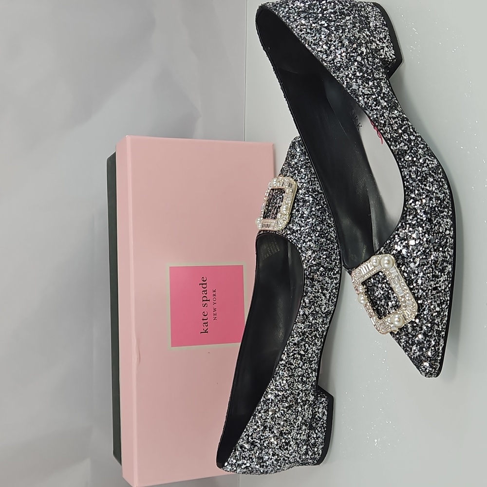 Kate Spade Silver Buckle Up Glitter Flats Size 38.5 - Picture 8 of 16